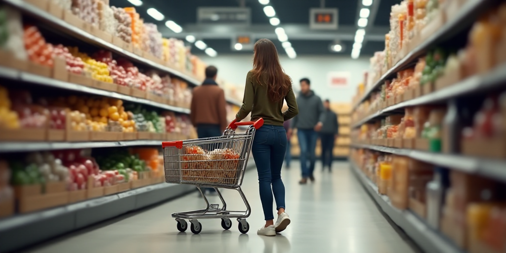 a woman pushing a shopping cart through a grocery store aisle with people shopping in the aisles beh
