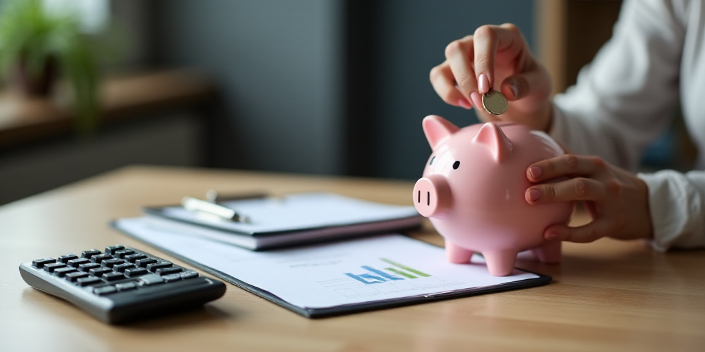 a woman putting a coin into a piggy bank next to a calculator and a clipboard, Évariste Vital Lumin