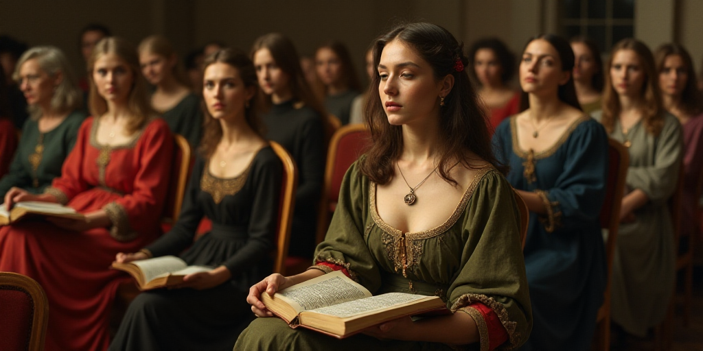 a woman reading a book in a crowd of people sitting down and standing up in chairs with a book in he