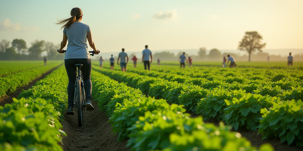 a woman riding a bike through a field of green plants with people in the background working on plant