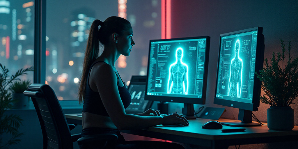 a woman sitting at a desk in front of a computer screen with a human figure on it and a man standing