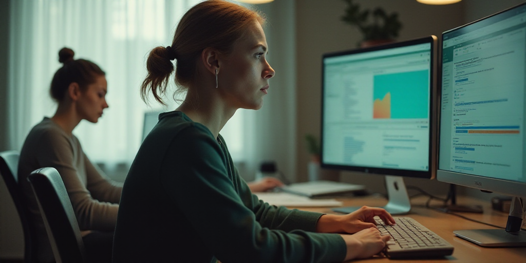 a woman sitting at a desk with a computer and a monitor on it with a woman standing behind her, Ada