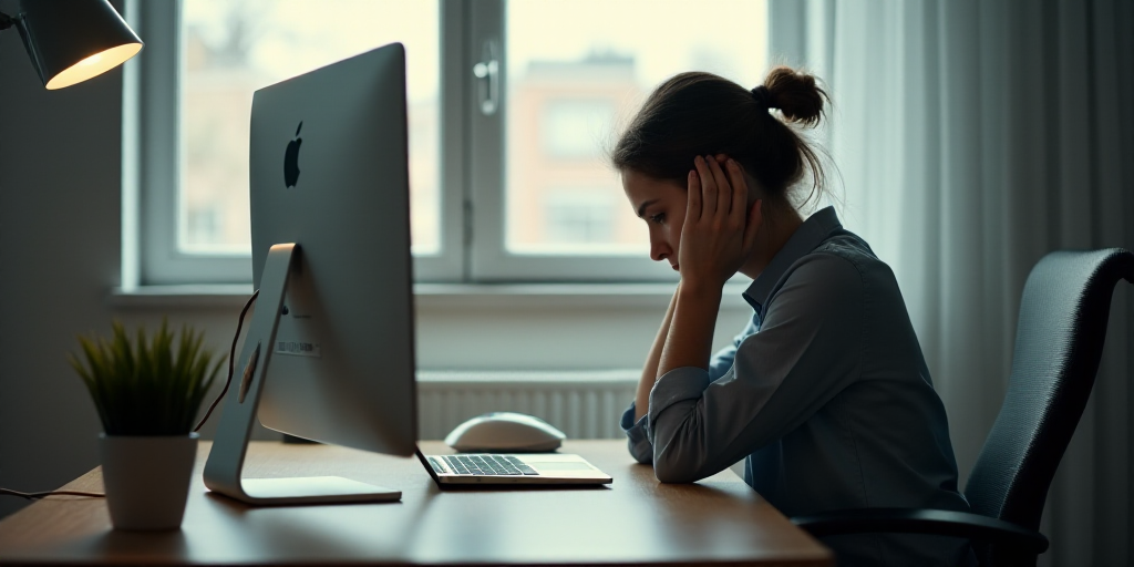 a woman sitting at a desk with a laptop and a monitor on it, with her head in her hands, Andries Sto