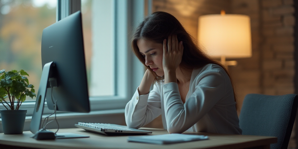 a woman sitting at a desk with a laptop and a monitor on it, with her head in her hands, Andries Sto