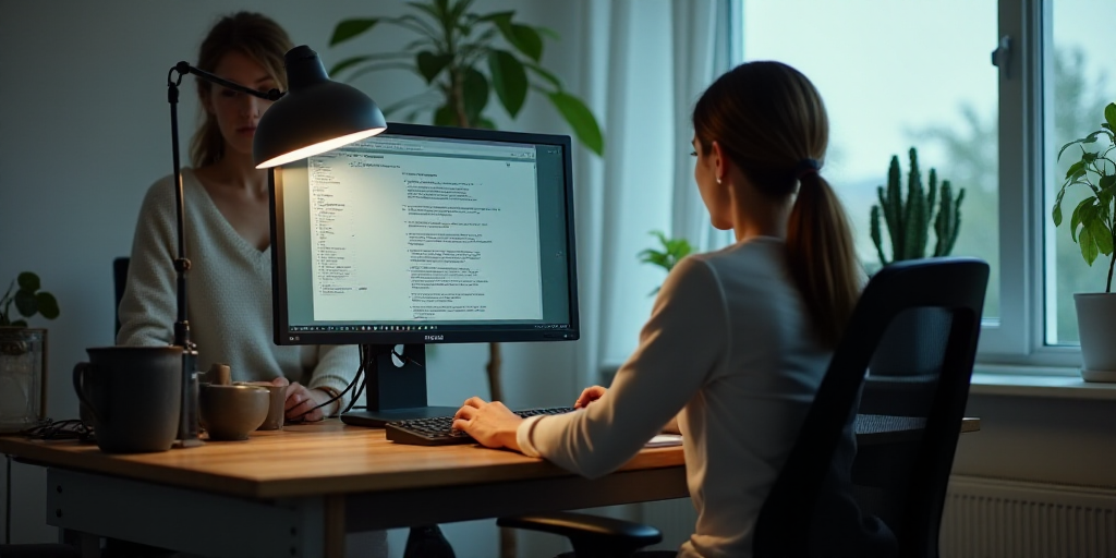 a woman sitting at a desk with a computer and a monitor on it with a woman standing behind her, Ada