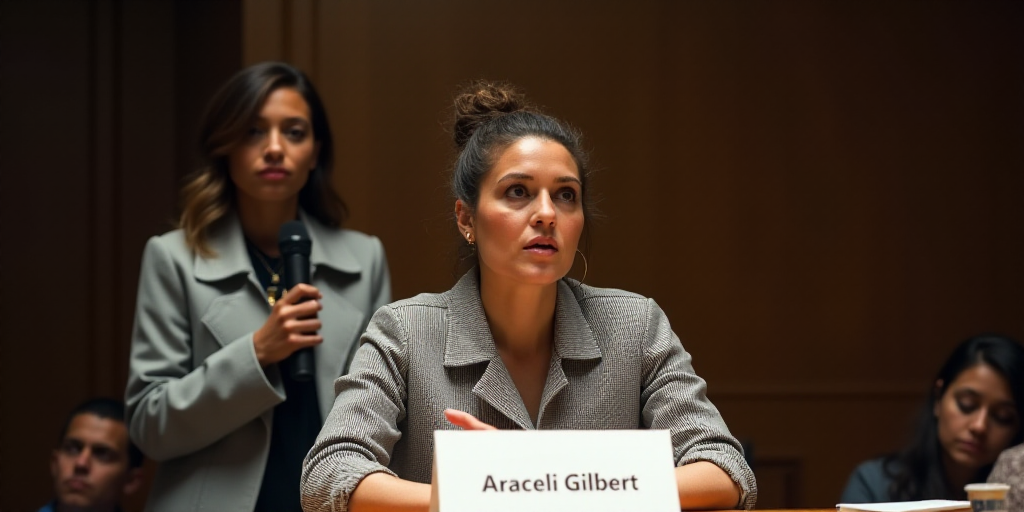 a woman sitting at a table with a sign in front of her and another woman standing behind her with a
