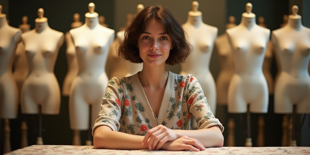 a woman sitting at a table with a lot of mannequins behind her in a room with a lot of mannequins, A