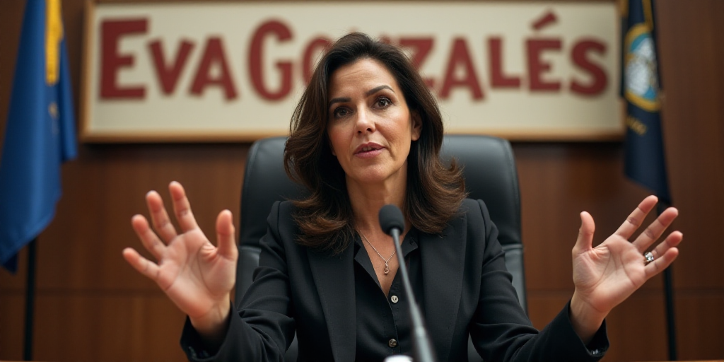 a woman sitting in a chair with her hands out and a microphone in front of her, with a sign in the b
