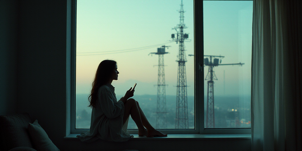 a woman sitting in a window with a cell phone in her hand and a bunch of radio antennae in front of
