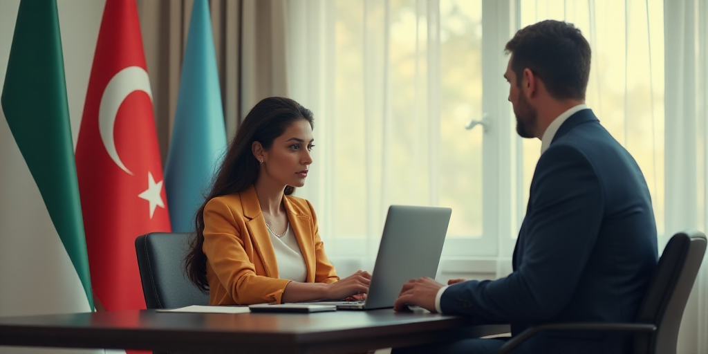 a woman sitting in front of a desk with a laptop computer on it and flags behind her and a man in a