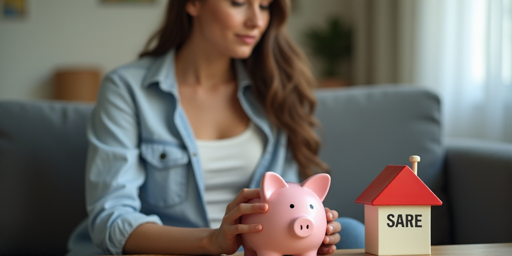a woman sitting on a couch with a piggy bank in front of her and a foreclosure sign, Avgust Černigo