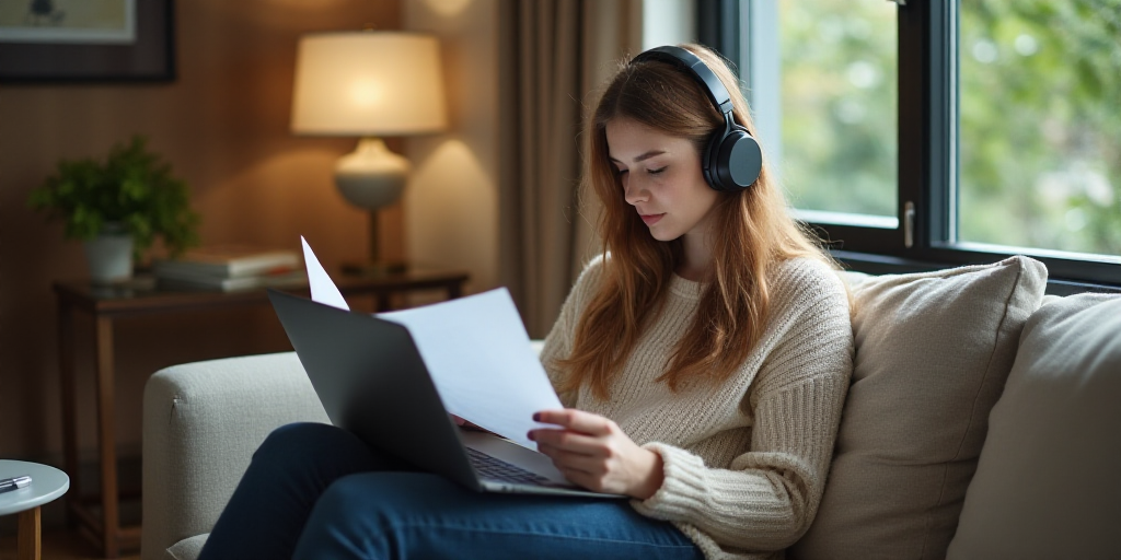 a woman sitting on a couch with a laptop and headphones on her head, looking at a paper, Anna Findla
