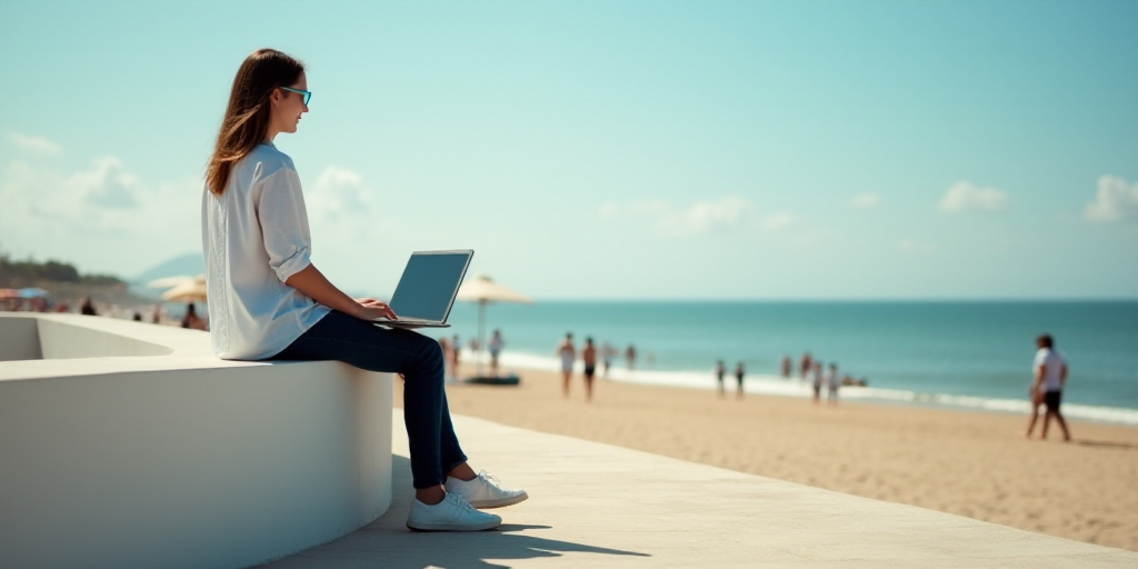 a woman sitting on a wall with a laptop computer in front of her and a beach scene with people walki