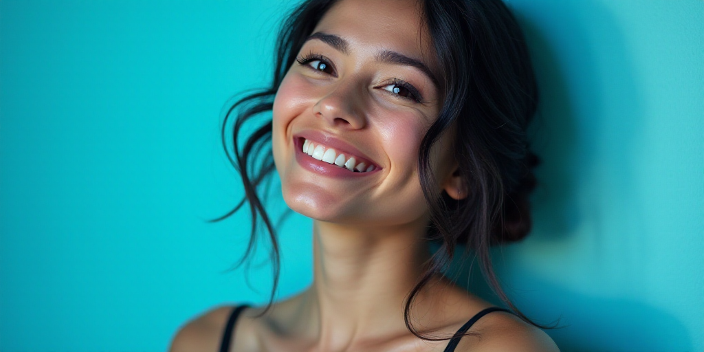 a woman smiling with a blue background and a black and white photo of her with the caption, melly ac