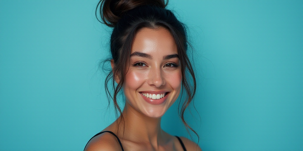 a woman smiling with a blue background and a black and white photo of her with the caption, melly ac