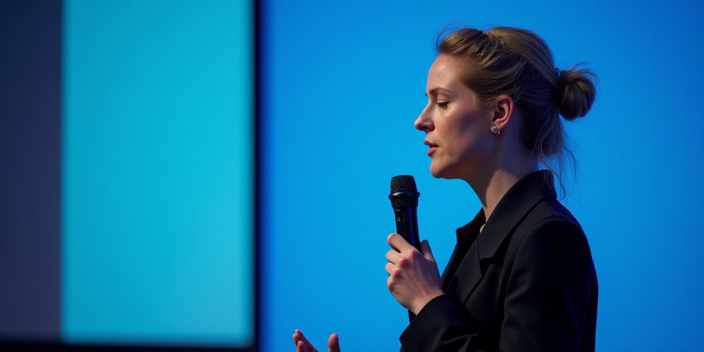 a woman speaking into a microphone in front of a blue wall with a white background and a blue screen