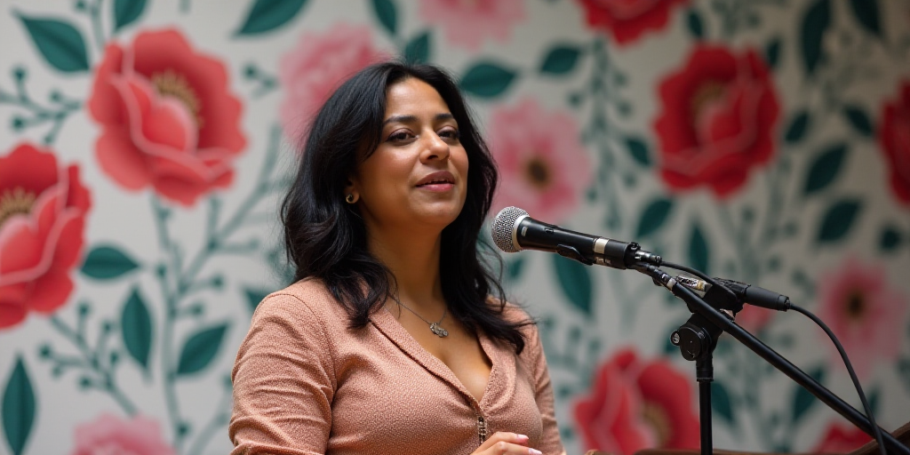 a woman standing at a microphone in front of a banner with flowers on it and a microphone in front o