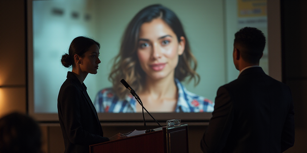 a woman standing at a podium in front of a screen with a picture of a man and a woman, Eva Gonzalès