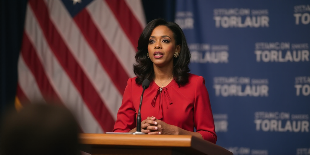 a woman standing at a podium in front of a banner and a microphone in front of her is a woman standi