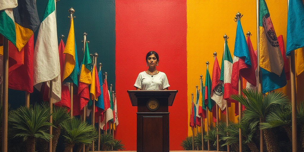 a woman standing at a podium in front of flags and a mexican flag behind her is a mexican flag, Davi