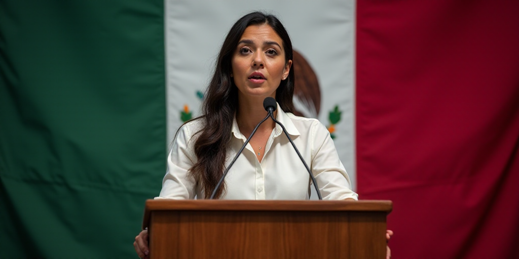 a woman standing at a podium in front of a mexican flag and a mexican flag behind her is a microphon