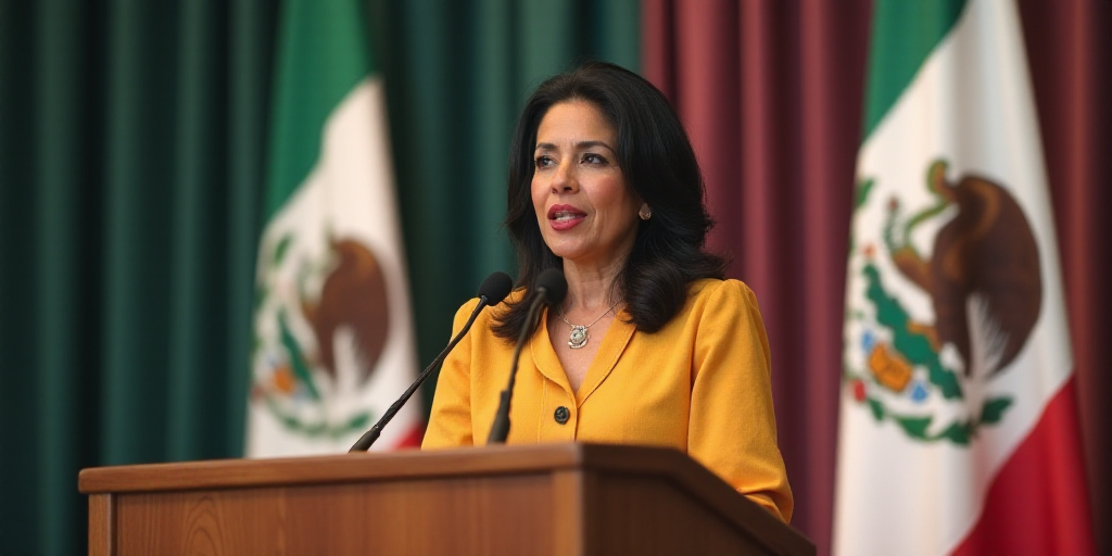 a woman standing at a podium in front of a mexican flag and a mexican flag behind her, with a microp