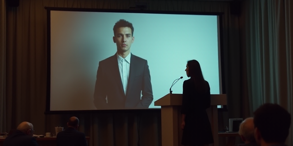a woman standing at a podium in front of a screen with a picture of a man in a suit, Amelia Peláez,