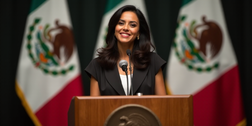 a woman standing at a podium in front of flags of mexico and mexico, with a microphone in front of h