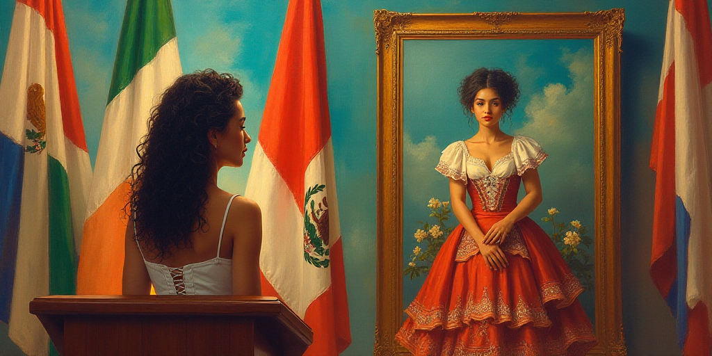 a woman standing at a podium in front of flags and a painting of a woman in a mexican dress, Araceli