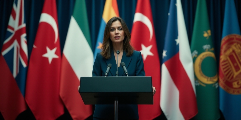 a woman standing at a podium in front of flags of different countries and a microphone in front of h