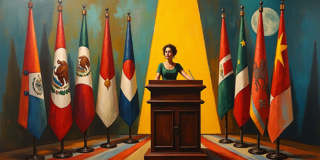 a woman standing at a podium in front of flags and a painting of a woman in a mexican dress, Araceli