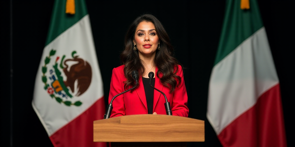 a woman standing at a podium in front of two flags and a microphone in front of her is a mexican fla