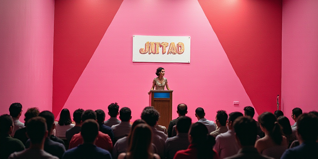 a woman standing at a podium in front of a crowd of people in front of a pink wall with a sign, Davi