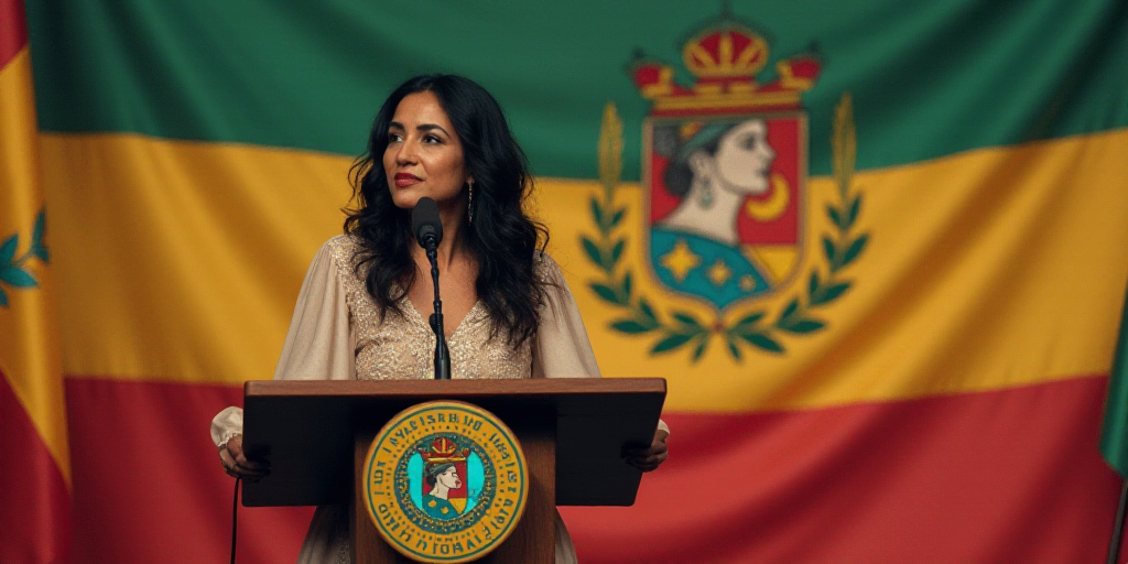 a woman standing at a podium in front of a flag and a sign with a picture of a woman, Amelia Peláez