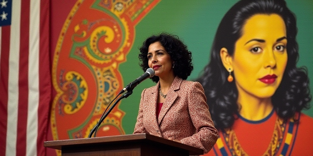 a woman standing at a podium with a microphone in front of her and a picture of a woman behind her,