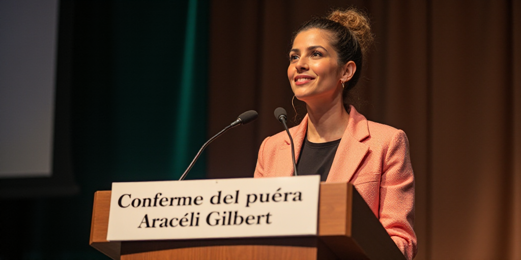 a woman standing at a podium with a microphone in front of her and a sign behind her that says confe