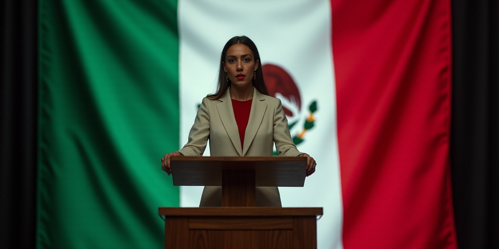 a woman standing at a podium with a mexican flag behind her and a mexican flag behind her, and a mex