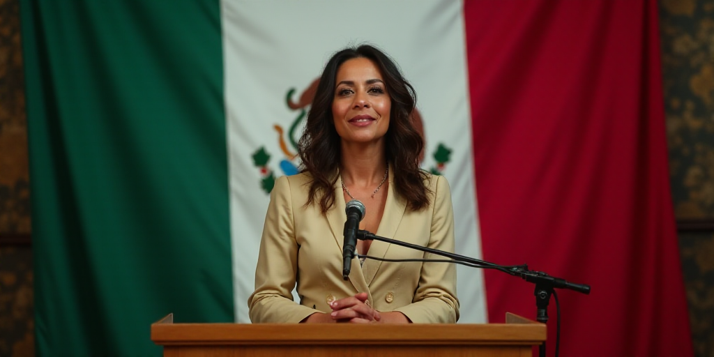 a woman standing at a podium with a mexican flag behind her and a mexican flag behind her, with a me