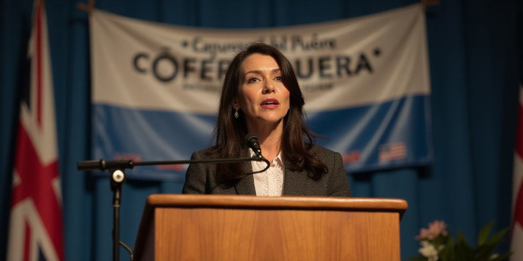 a woman standing at a podium with a microphone in front of her and a banner behind her that says con