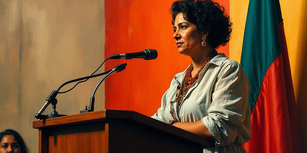 a woman standing at a podium with a microphone in front of her and a flag behind her and a woman in