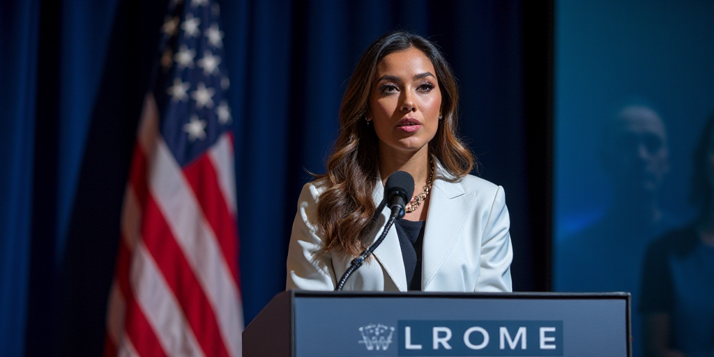a woman standing at a podium with a microphone in front of a flag and a speaker behind her is a micr