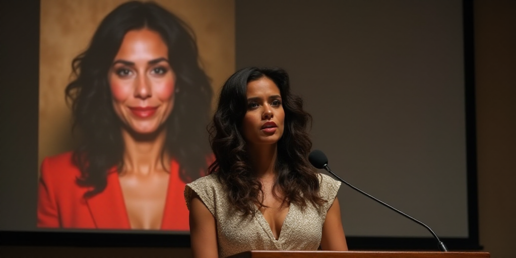 a woman standing at a podium with a microphone in front of her and a picture of herself behind her,