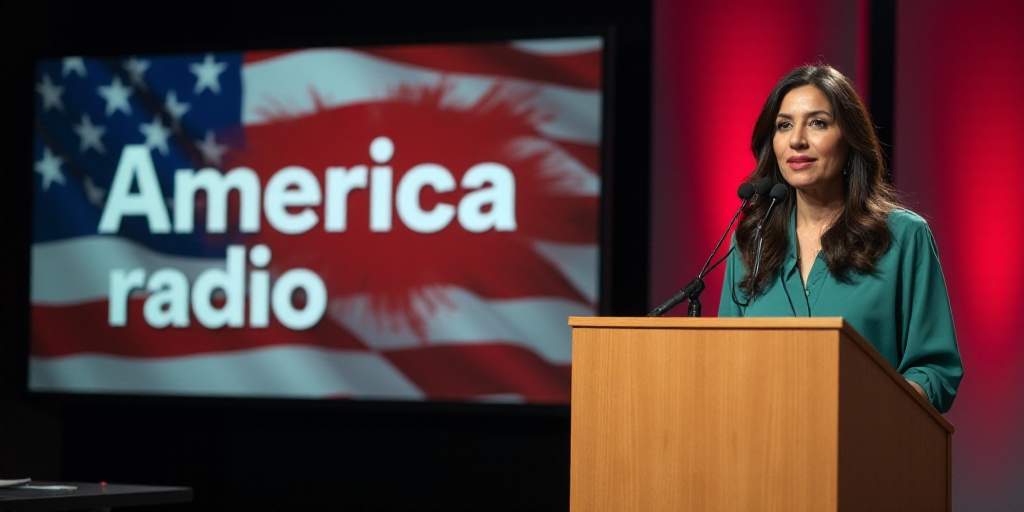 a woman standing at a podium with a microphone in front of her and a sign behind her that says ameri