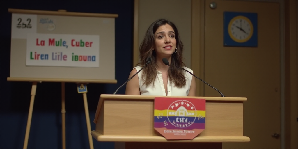 a woman standing at a podium with a microphone in front of her and a sign behind her that says 205 a