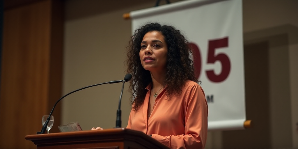 a woman standing at a podium with a microphone in front of her and a banner behind her that says 205