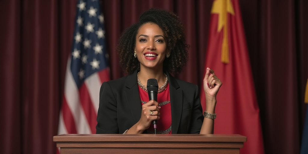 a woman standing at a podium with a flag behind her and a picture of a woman holding a microphone, A