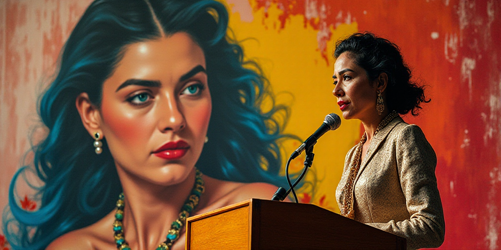 a woman standing at a podium with a microphone in front of her and a picture of a woman behind her,