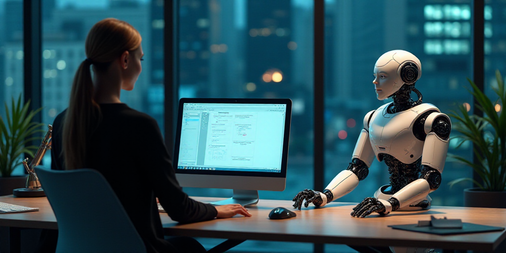 a woman standing in front of a computer with a robot on it's desk next to a computer monitor, Andrie
