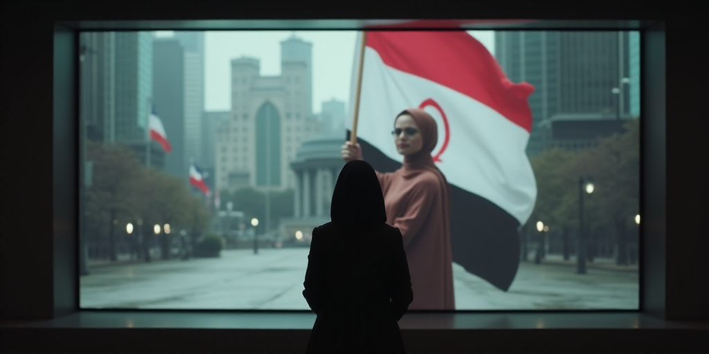 a woman standing in front of a large screen with pictures on it and a flag in the background with a