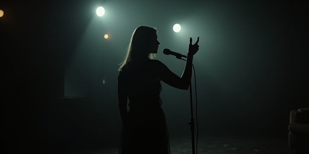 a woman standing in front of a microphone in a dark room with lights on the ceiling and a hand up, A